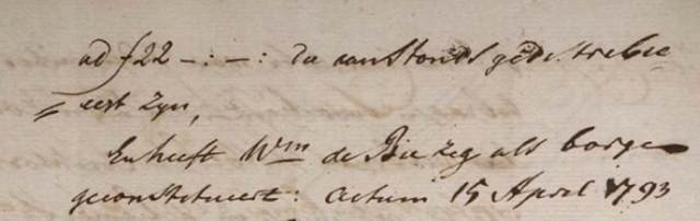 Willem Groothof in civem receptus juravit solemniter, et solvit jura ad f 22-.-. die aanstonds gedistribueert zyn. En heeft Willem de Bie zig als borge geconstitueert. Actum 15 april 1793.